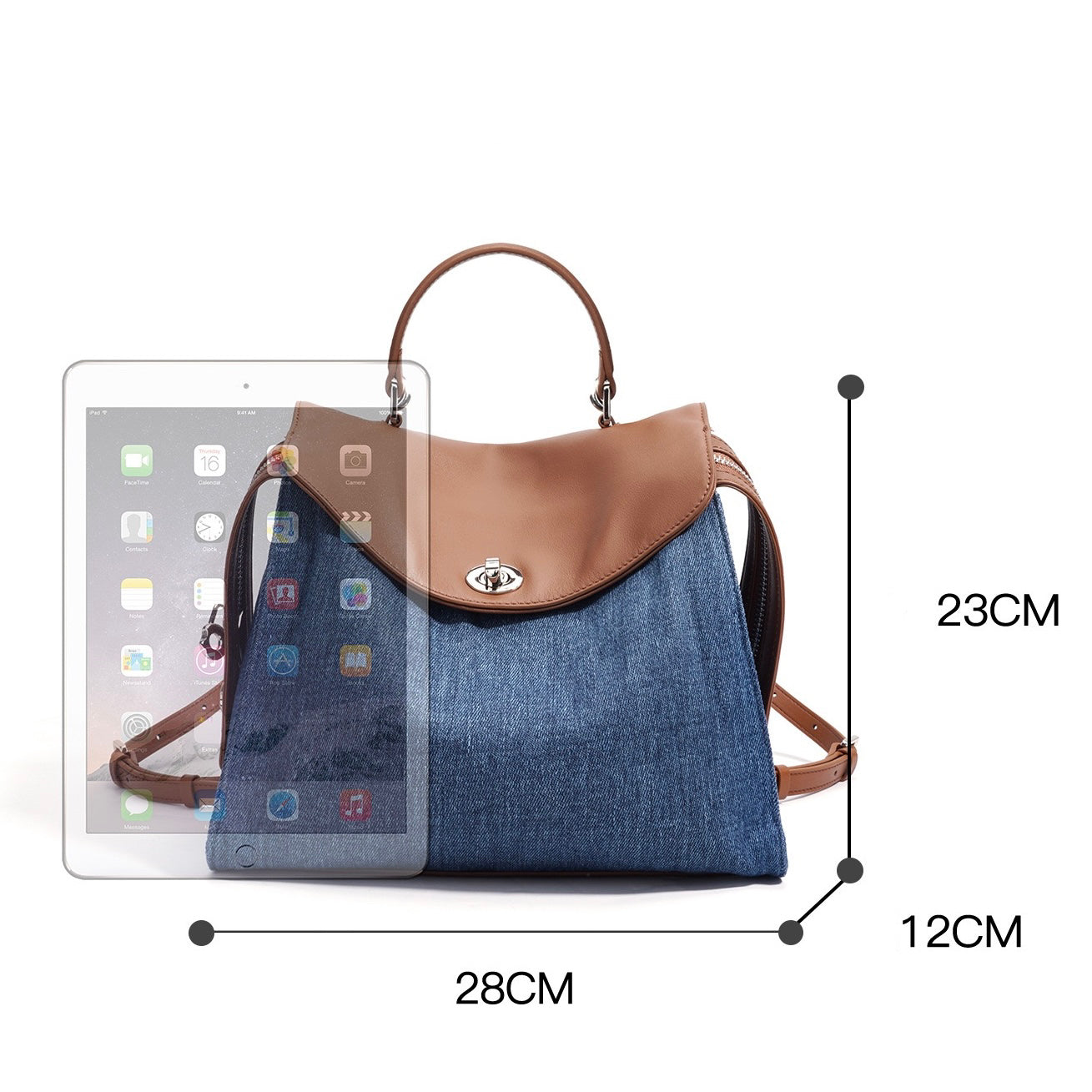 Women’s Genuine Leather and Denim Patchwork Backpack | Spacious Commuter Elegance