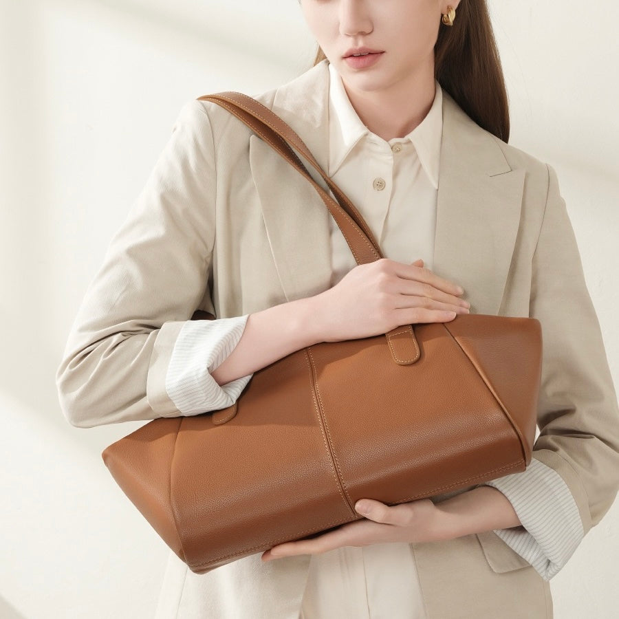 Women’s Genuine Leather Tote | Winged Pleated Commuter Elegance