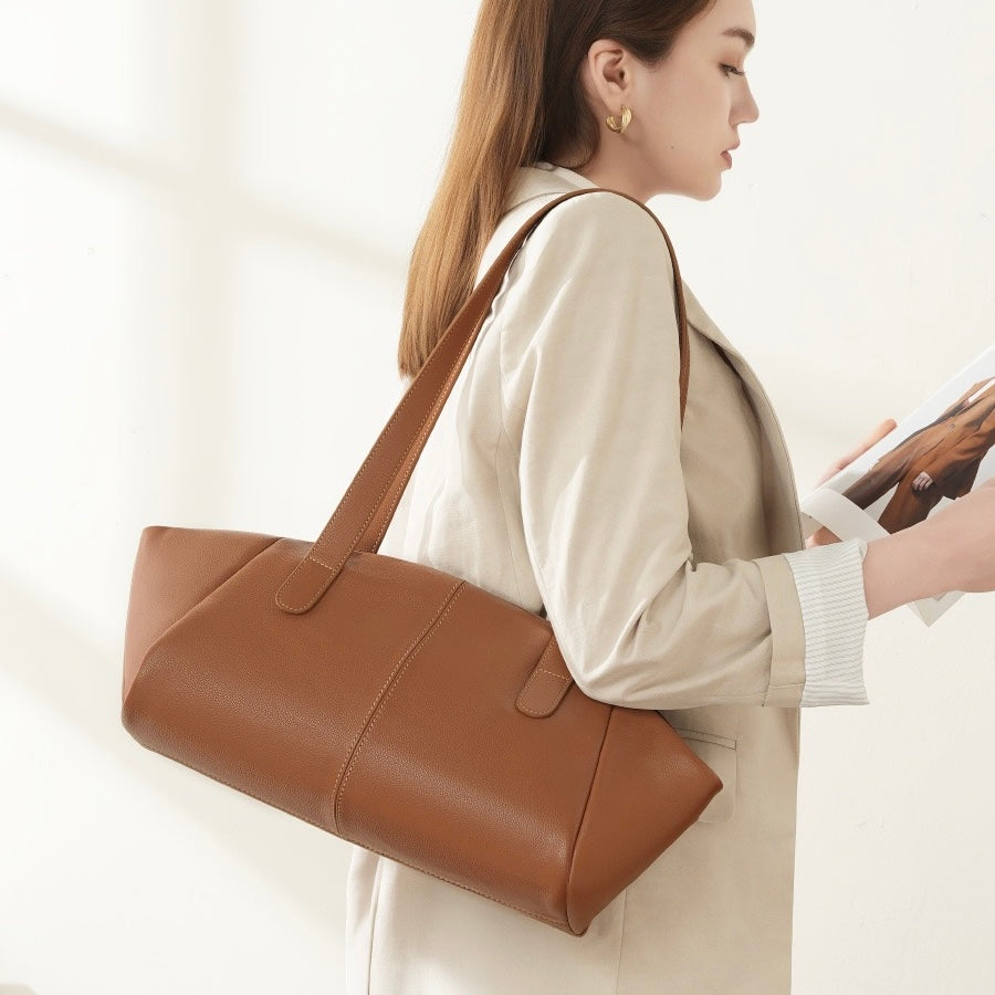 Women’s Genuine Leather Tote | Winged Pleated Commuter Elegance