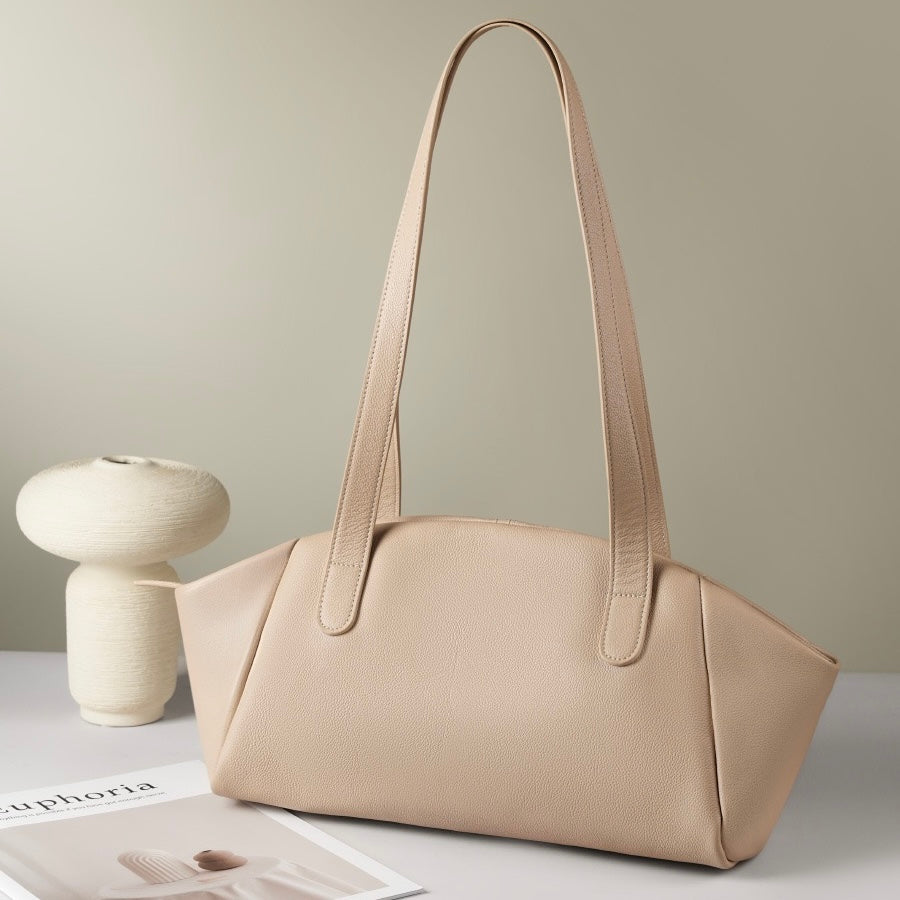 Women’s Genuine Leather Tote | Winged Pleated Commuter Elegance
