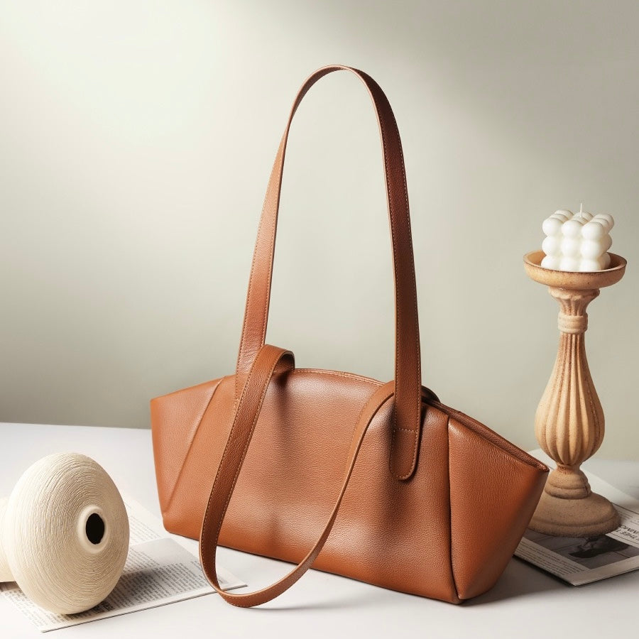 Women’s Genuine Leather Tote | Winged Pleated Commuter Elegance