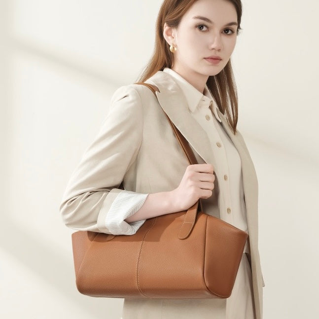 Women’s Genuine Leather Tote | Winged Pleated Commuter Elegance