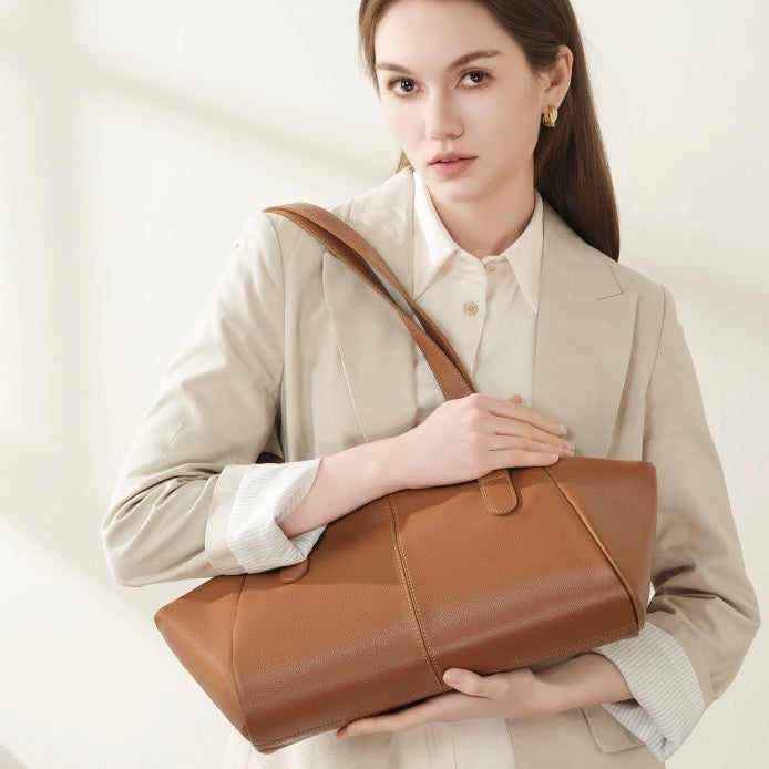 Women’s Genuine Leather Tote | Winged Pleated Commuter Elegance