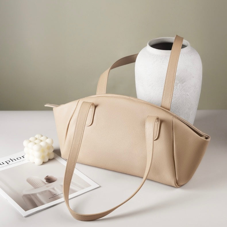 Women’s Genuine Leather Tote | Winged Pleated Commuter Elegance