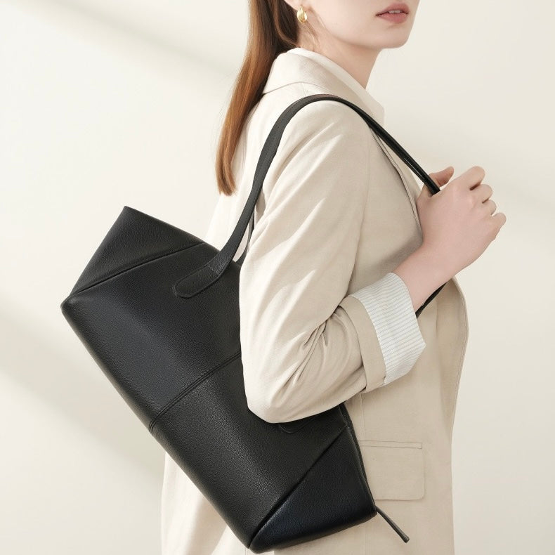 Women’s Genuine Leather Tote | Winged Pleated Commuter Elegance