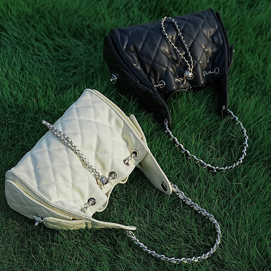 Genuine Leather Bucket Crossbody Bag | Caviar Pattern Effortless Elegance