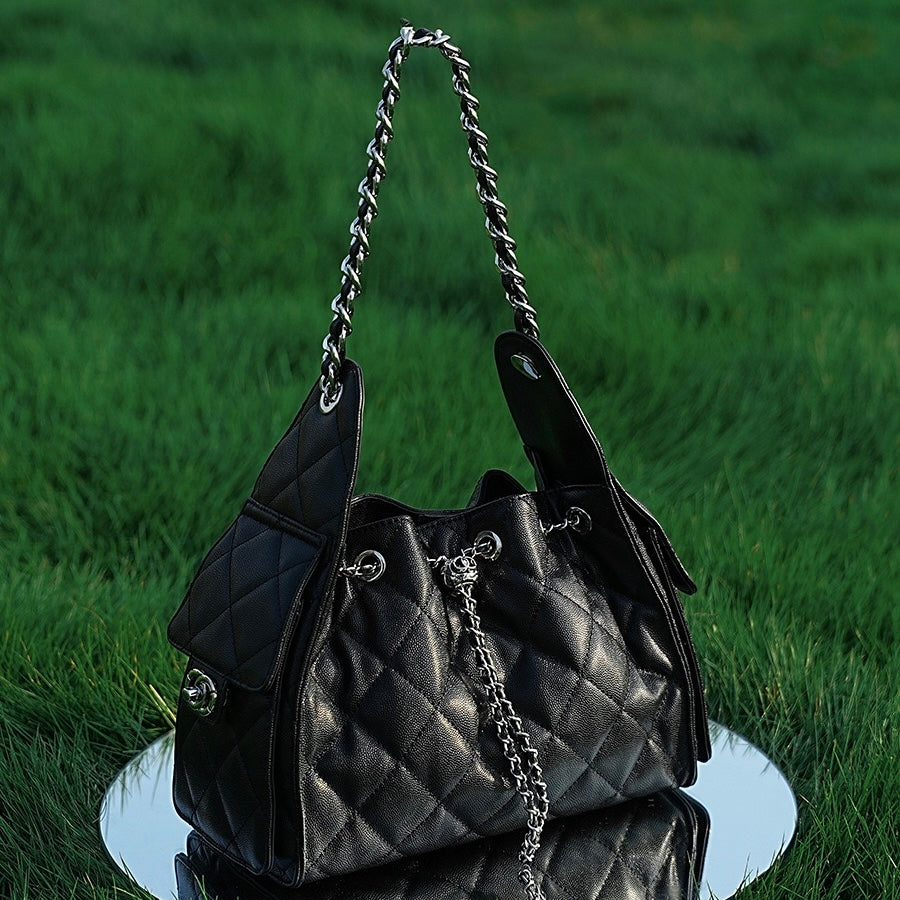 Genuine Leather Bucket Crossbody Bag | Caviar Pattern Effortless Elegance