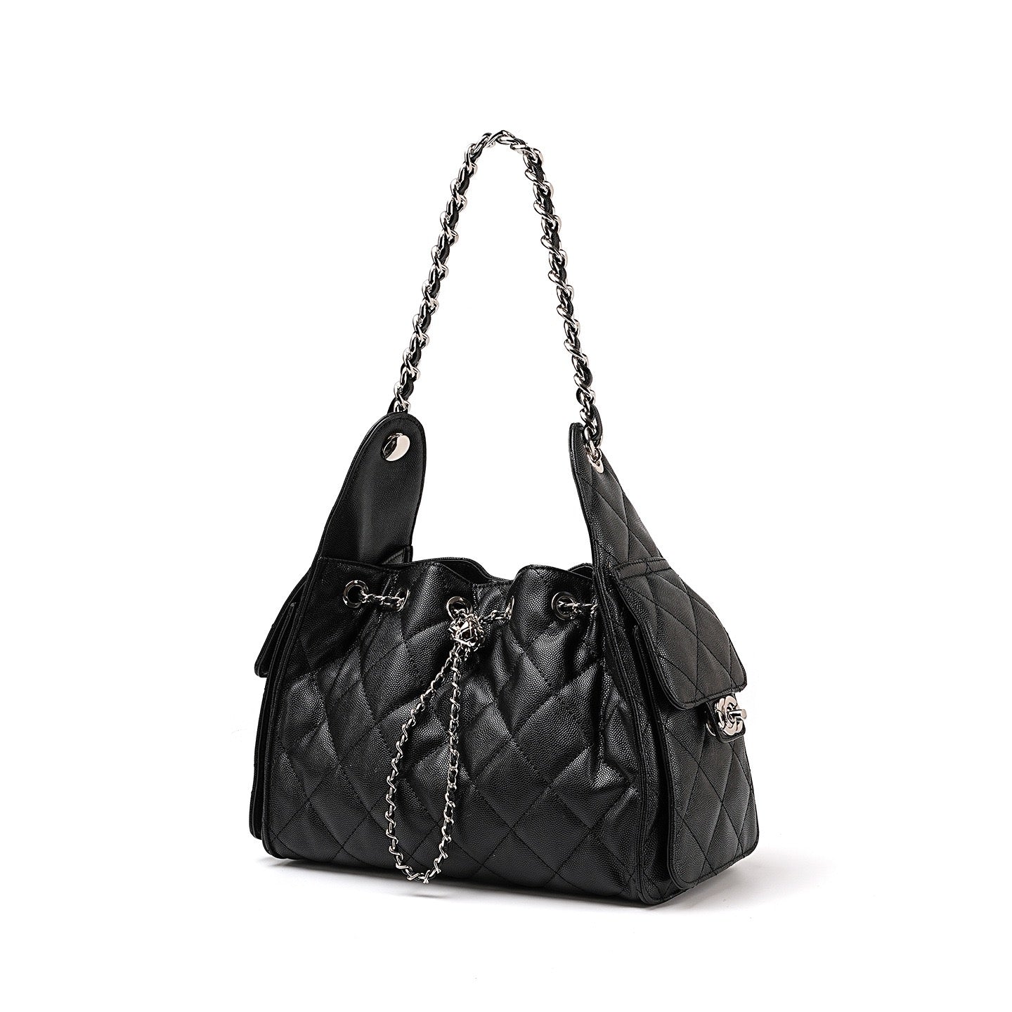 Genuine Leather Bucket Crossbody Bag | Caviar Pattern Effortless Elegance