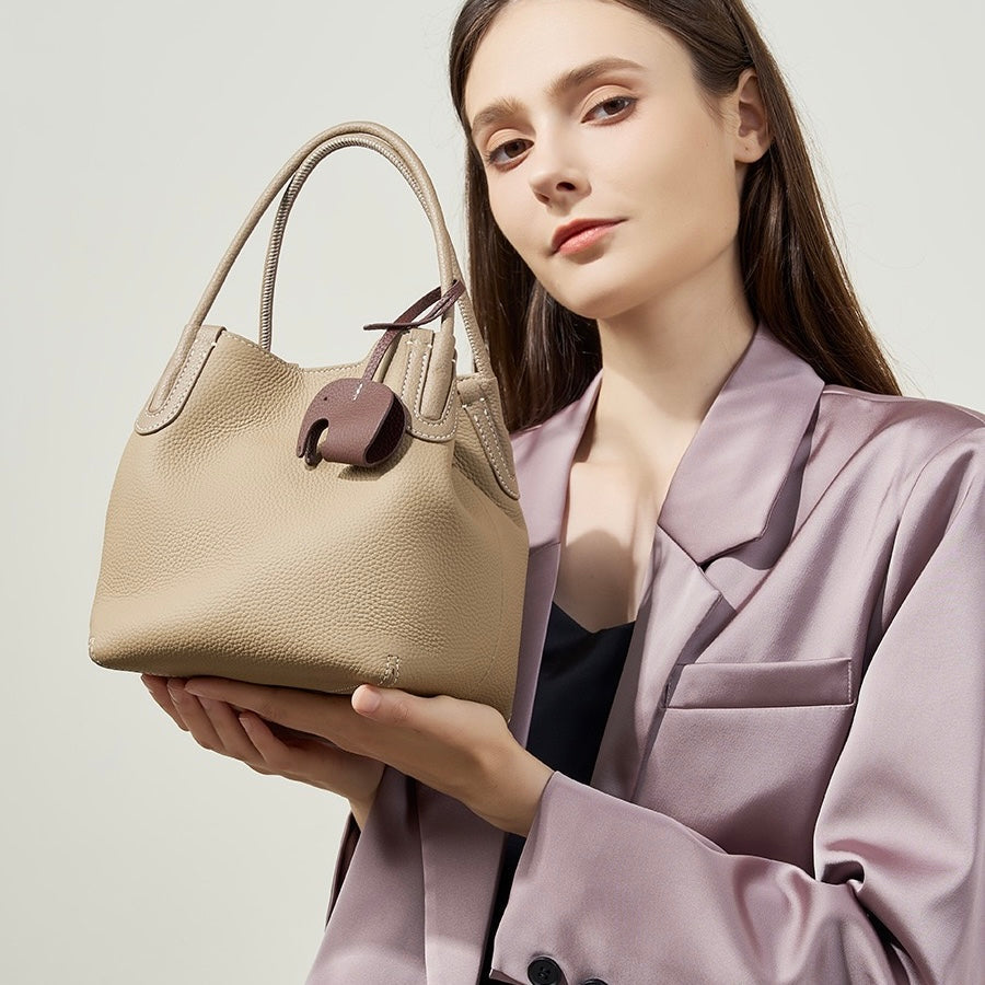 Women’s Genuine Leather Bucket Bag | Effortless Elephant Pendant Elegance