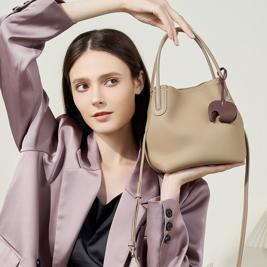 Women’s Genuine Leather Bucket Bag | Elegant Elephant Pendant