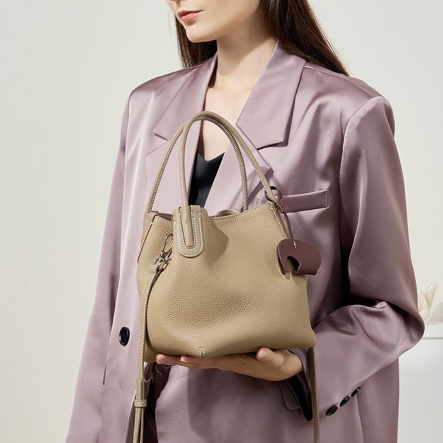 Women’s Genuine Leather Bucket Bag | Elegant Elephant Pendant