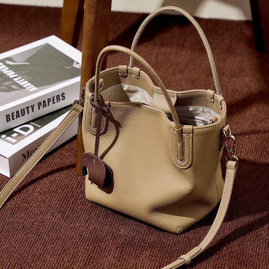 Women’s Genuine Leather Bucket Bag | Elegant Elephant Pendant