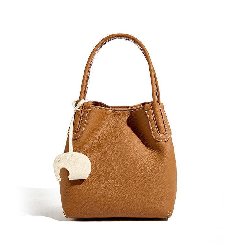 Women’s Genuine Leather Bucket Bag | Elegant Elephant Pendant