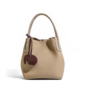 Women’s Genuine Leather Bucket Bag | Elegant Elephant Pendant