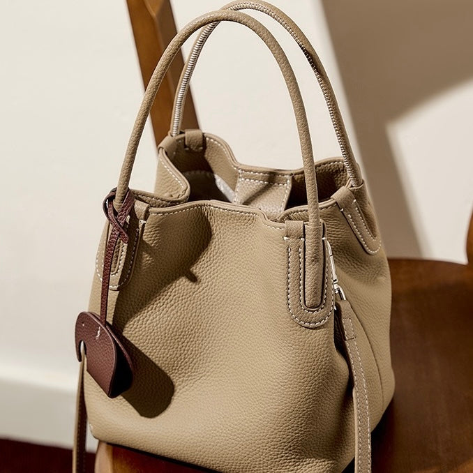 Women’s Genuine Leather Bucket Bag | Elegant Elephant Pendant