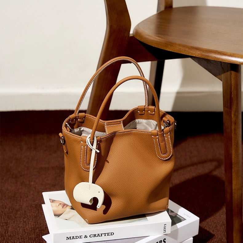 Women’s Genuine Leather Bucket Bag | Elegant Elephant Pendant