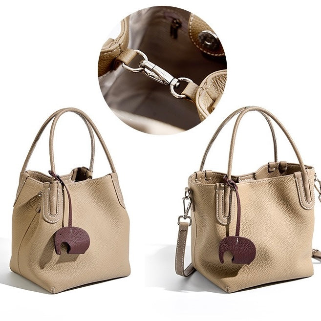 Women’s Genuine Leather Bucket Bag | Elegant Elephant Pendant