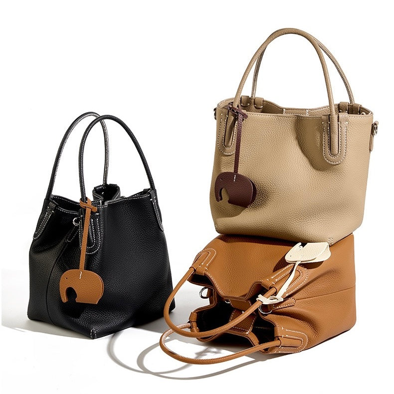Women’s Genuine Leather Bucket Bag | Elegant Elephant Pendant