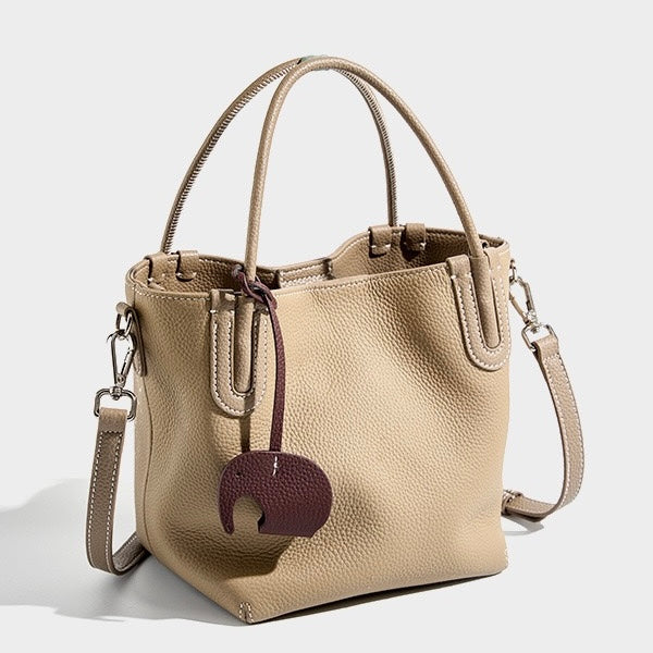 Women’s Genuine Leather Bucket Bag | Elegant Elephant Pendant
