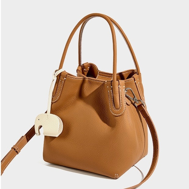 Women’s Genuine Leather Bucket Bag | Elegant Elephant Pendant