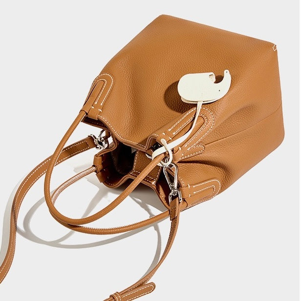 Women’s Genuine Leather Bucket Bag | Elegant Elephant Pendant