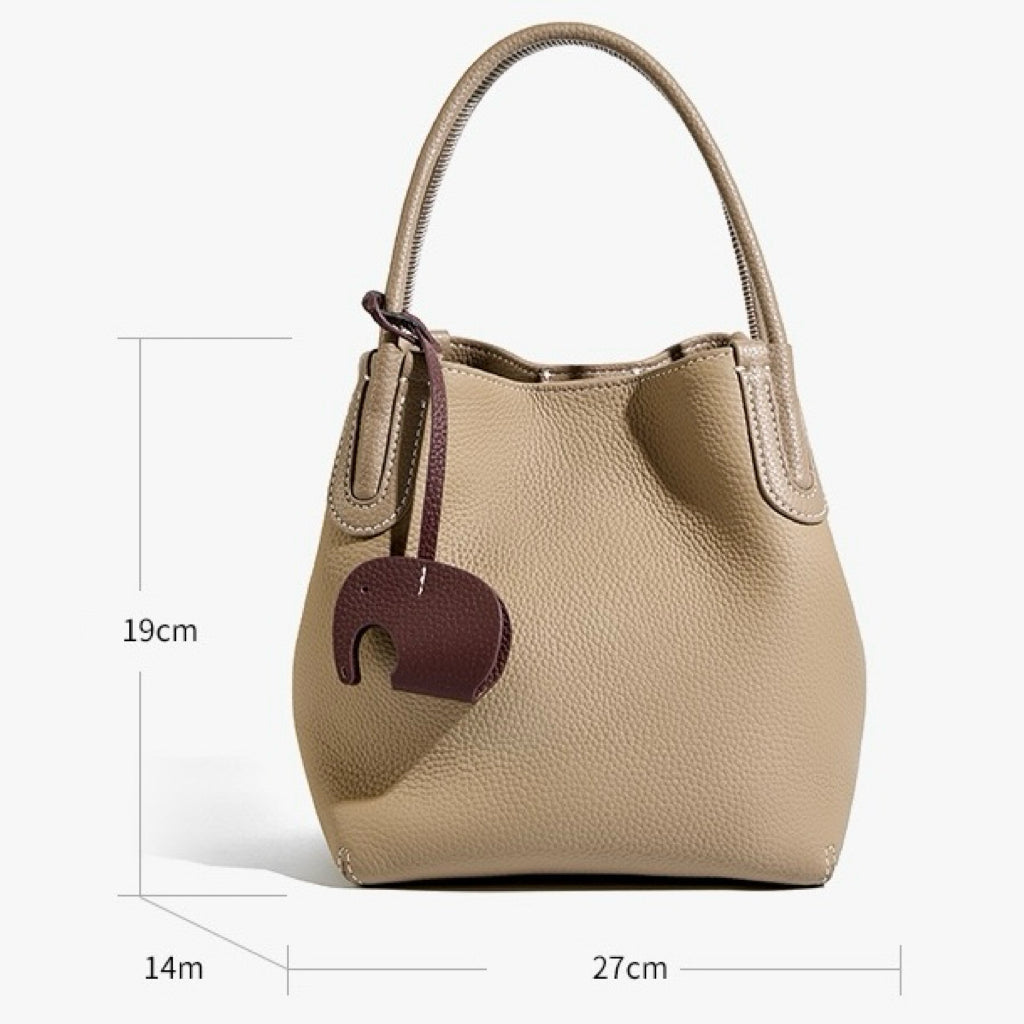 Women’s Genuine Leather Bucket Bag | Elegant Elephant Pendant