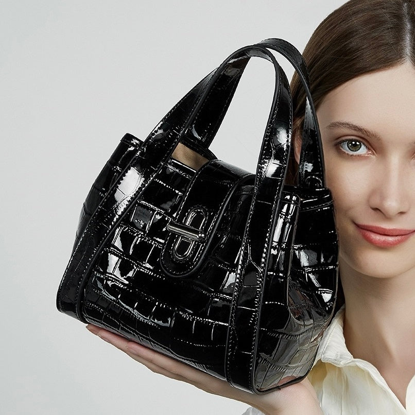 Croc-Embossed Leather Buckle Top-Handle Bucket Bag | Effortless Quiet Luxury