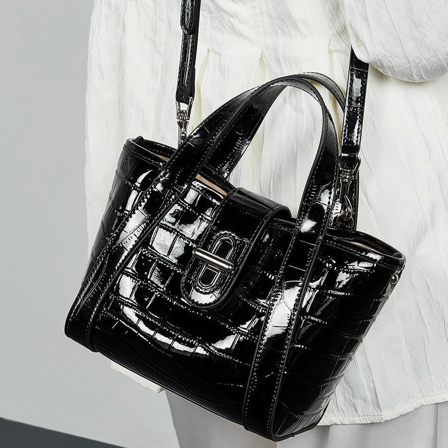 Croc-Embossed Leather Buckle Top-Handle Bucket Bag | Effortless Quiet Luxury