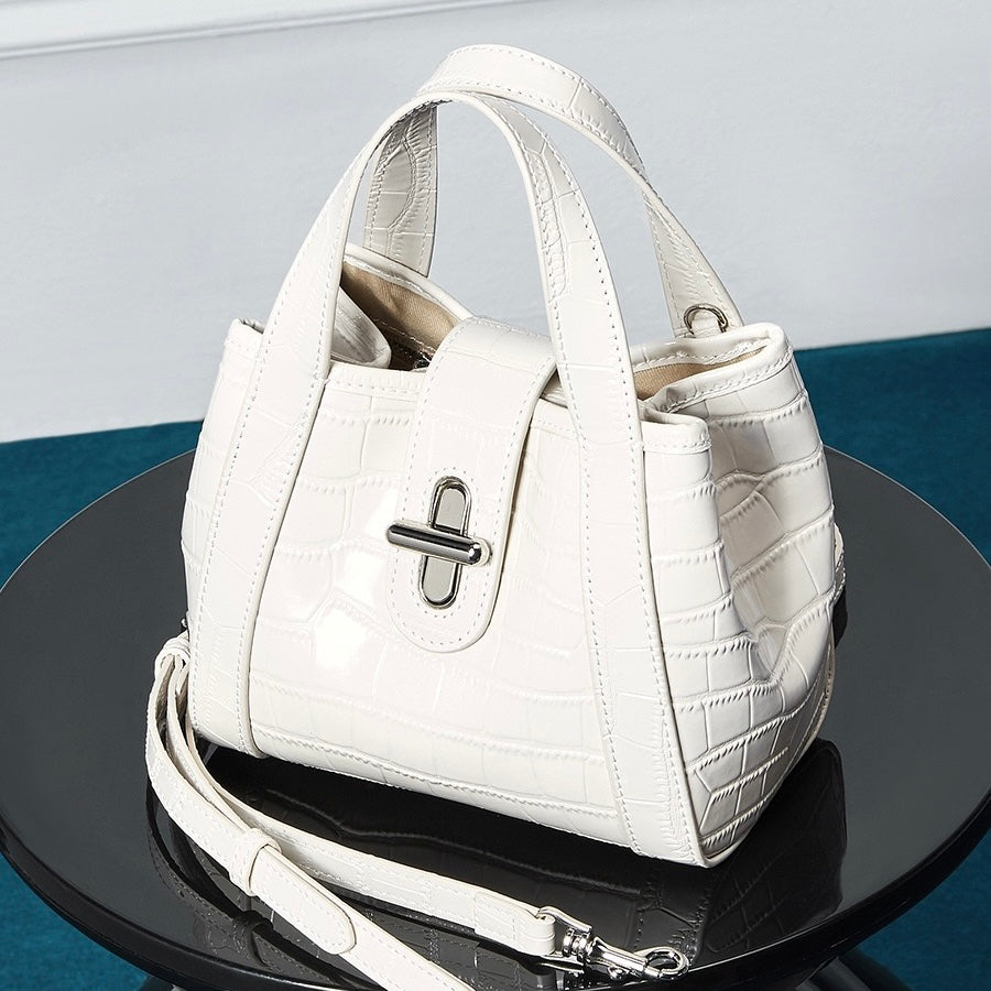 Croc-Embossed Leather Buckle Top-Handle Bucket Bag | Effortless Quiet Luxury