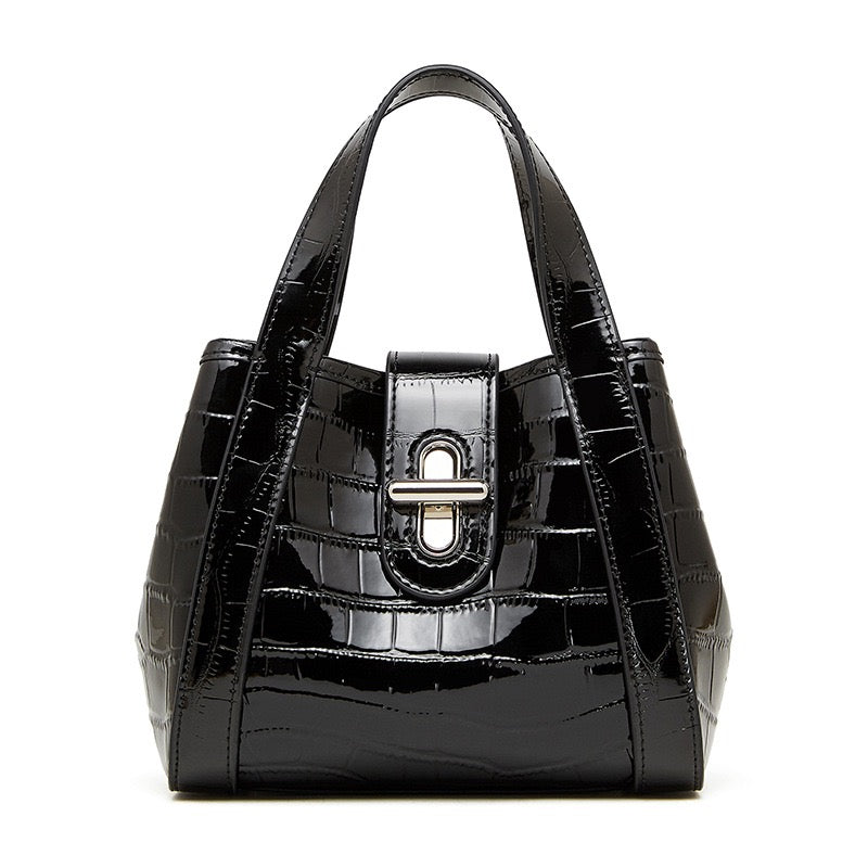 Croc-Embossed Leather Buckle Top-Handle Bucket Bag | Effortless Quiet Luxury