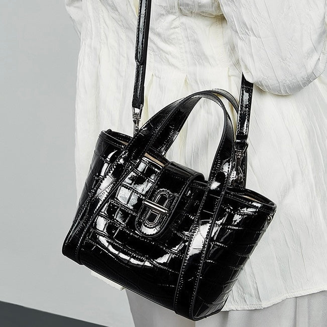 Croc-Embossed Leather Buckle Top-Handle Bucket Bag | Effortless Quiet Luxury