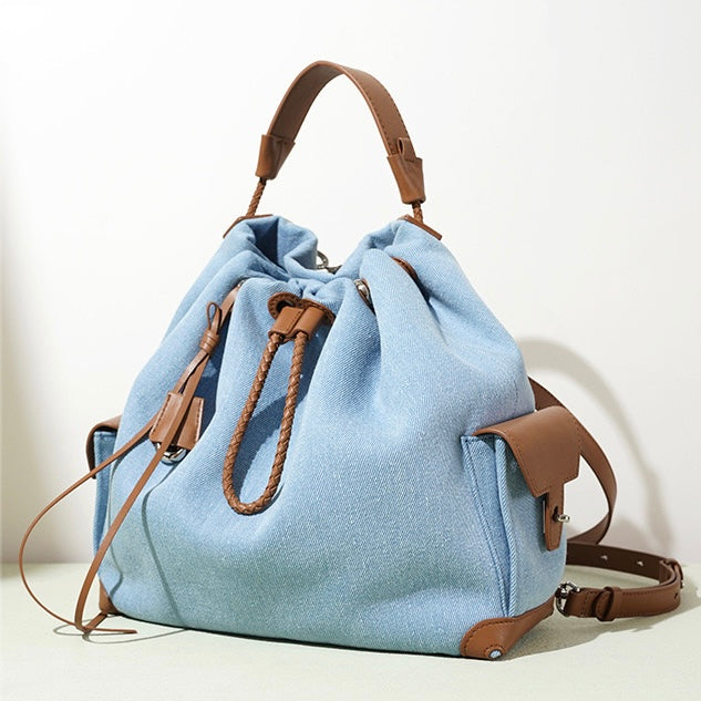 Women’s Genuine Leather Denim Patchwork Travel Backpack | Effortless Elegance