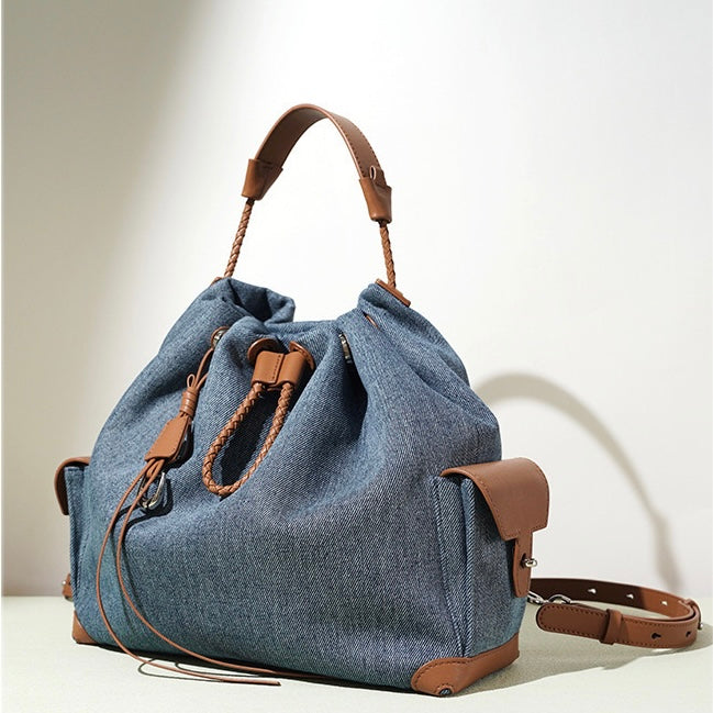 Women’s Genuine Leather Denim Patchwork Travel Backpack | Effortless Elegance
