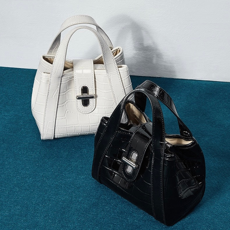 Croc-Embossed Leather Buckle Top-Handle Bucket Bag | Effortless Quiet Luxury