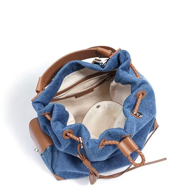 Women’s Genuine Leather Denim Patchwork Travel Backpack | Effortless Elegance