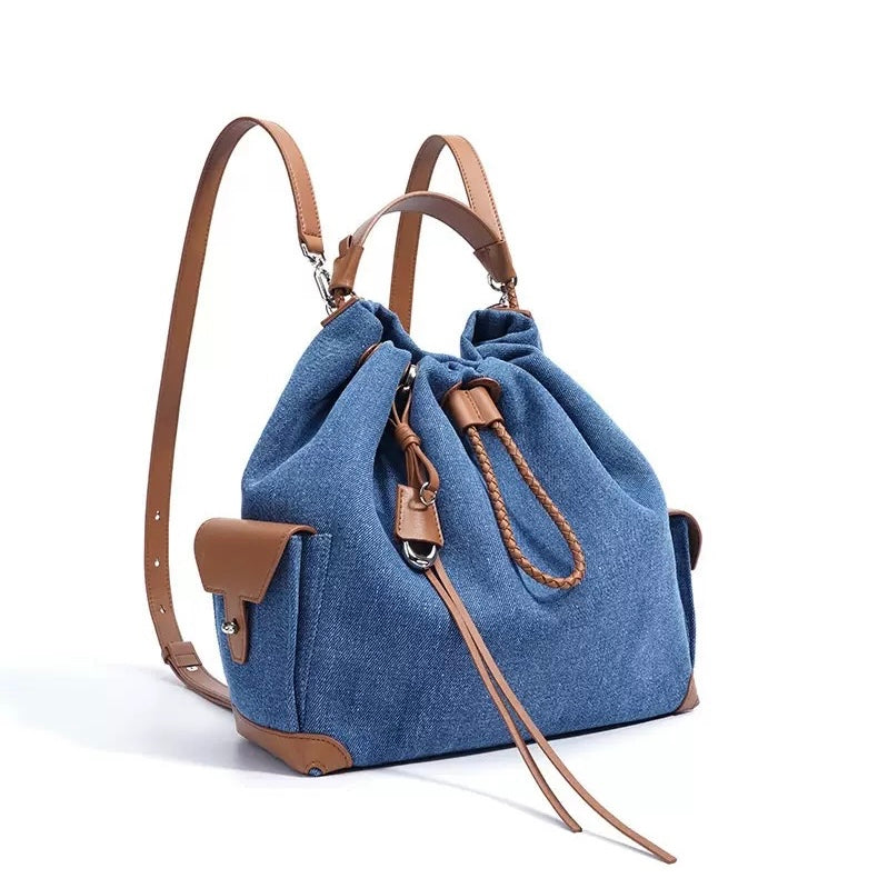 Women’s Genuine Leather Denim Patchwork Travel Backpack | Effortless Elegance