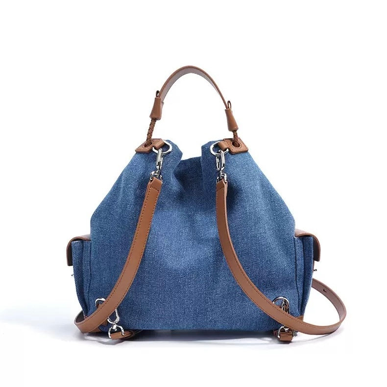 Women’s Genuine Leather Denim Patchwork Travel Backpack | Effortless Elegance