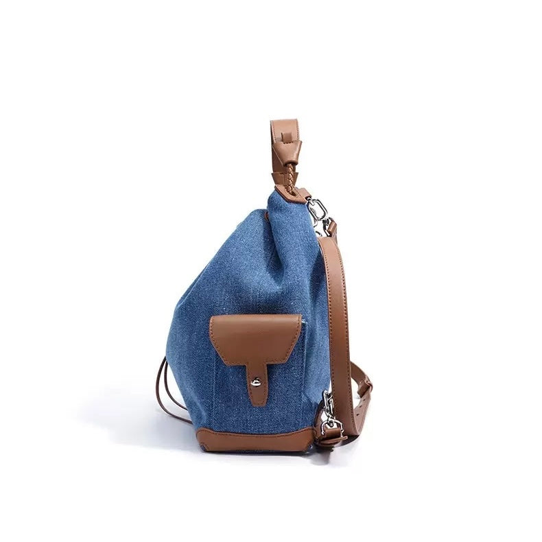 Women’s Genuine Leather Denim Patchwork Travel Backpack | Effortless Elegance