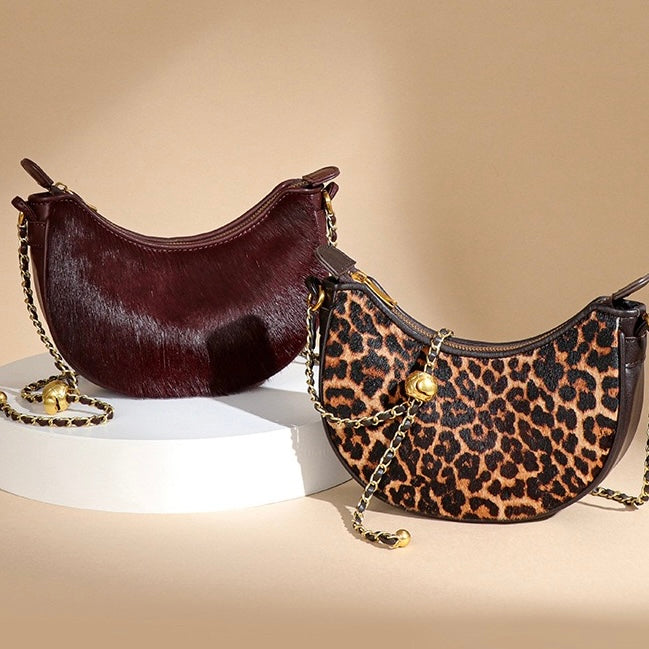 Genuine Leather Leopard Print Crossbody Shoulder Bag | Half Moon Grace