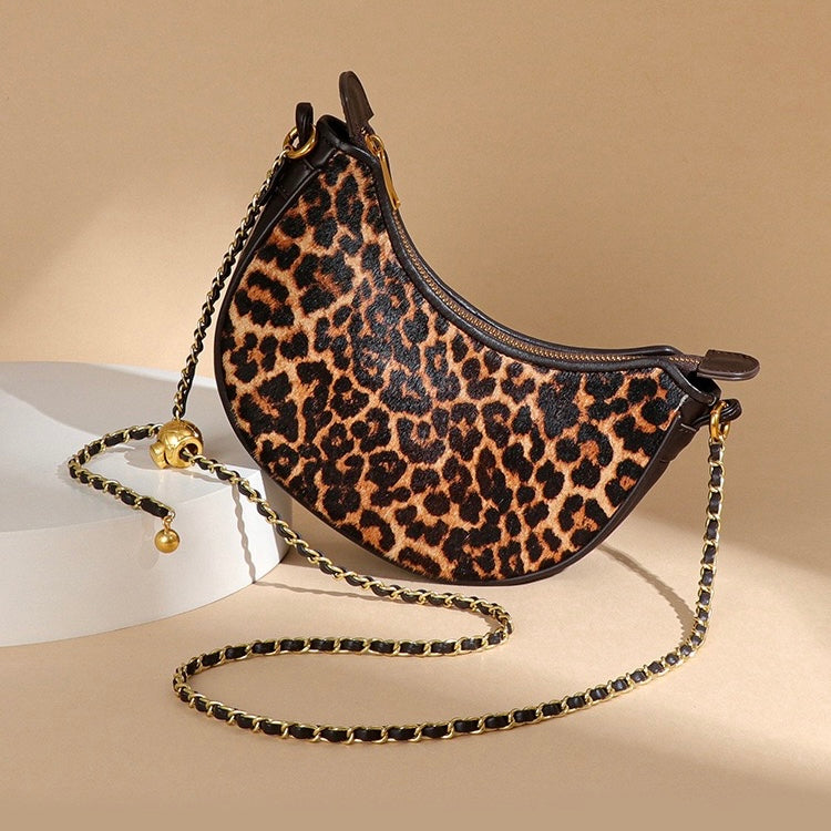 Genuine Leather Leopard Print Crossbody Shoulder Bag | Half Moon Grace