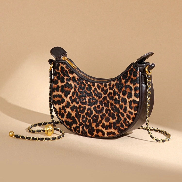Genuine Leather Leopard Print Crossbody Shoulder Bag | Half Moon Grace