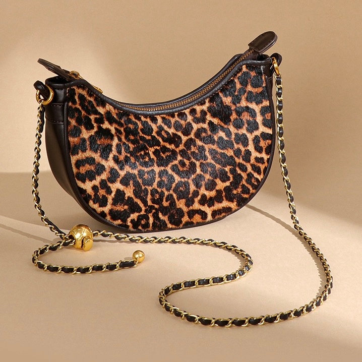 Genuine Leather Leopard Print Crossbody Shoulder Bag | Half Moon Grace