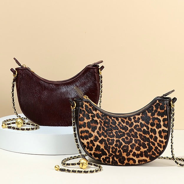 Genuine Leather Leopard Print Crossbody Shoulder Bag | Half Moon Grace
