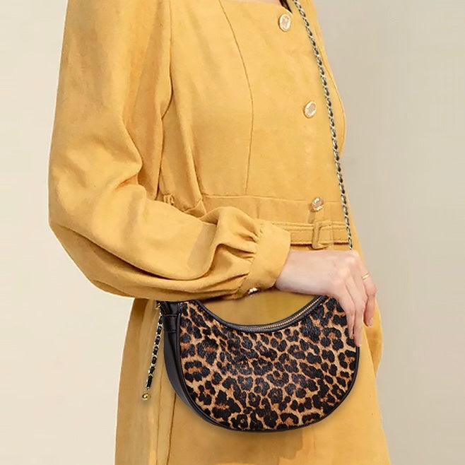 Genuine Leather Leopard Print Crossbody Shoulder Bag | Half Moon Grace