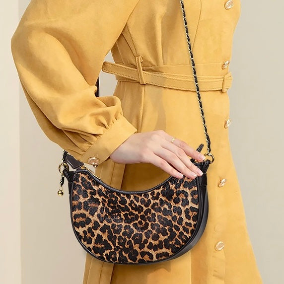 Genuine Leather Leopard Print Crossbody Shoulder Bag | Half Moon Grace