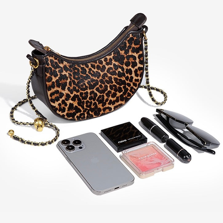 Genuine Leather Leopard Print Crossbody Shoulder Bag | Half Moon Grace
