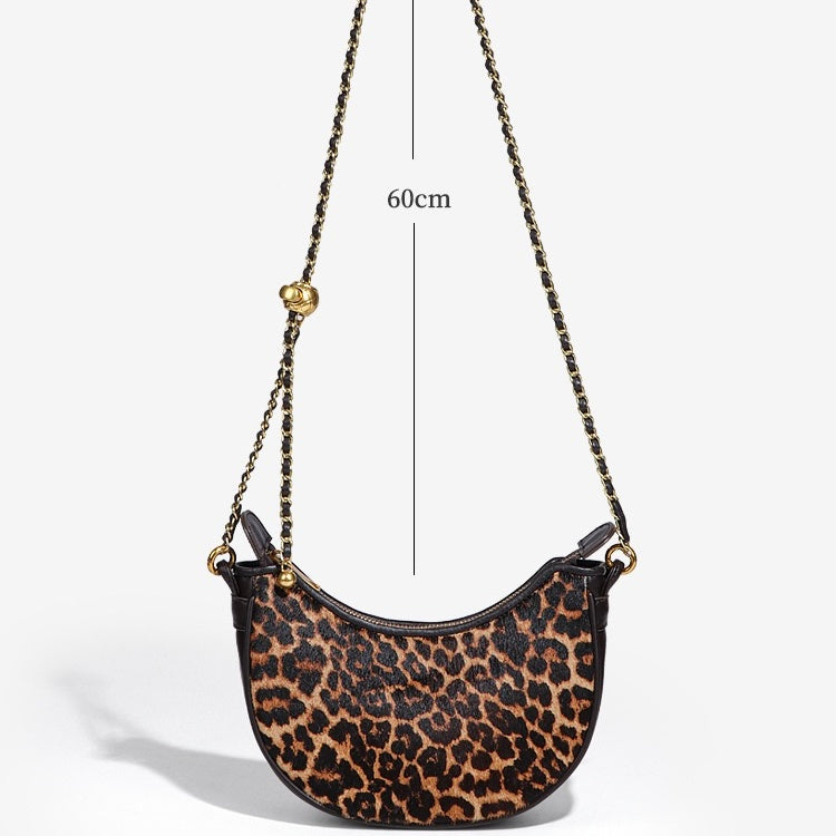 Genuine Leather Leopard Print Crossbody Shoulder Bag | Half Moon Grace