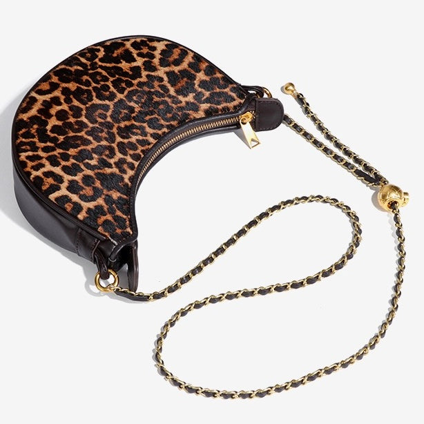 Genuine Leather Leopard Print Crossbody Shoulder Bag | Half Moon Grace