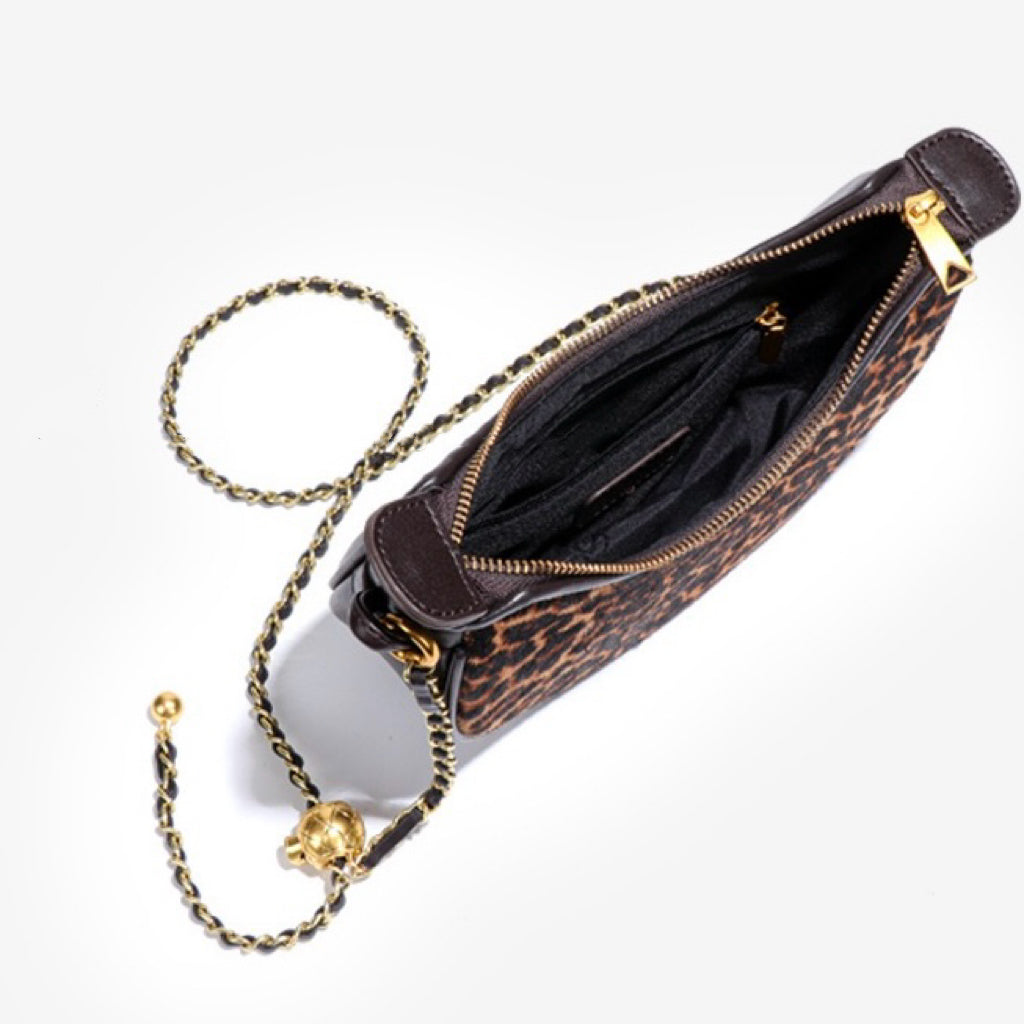 Genuine Leather Leopard Print Crossbody Shoulder Bag | Half Moon Grace