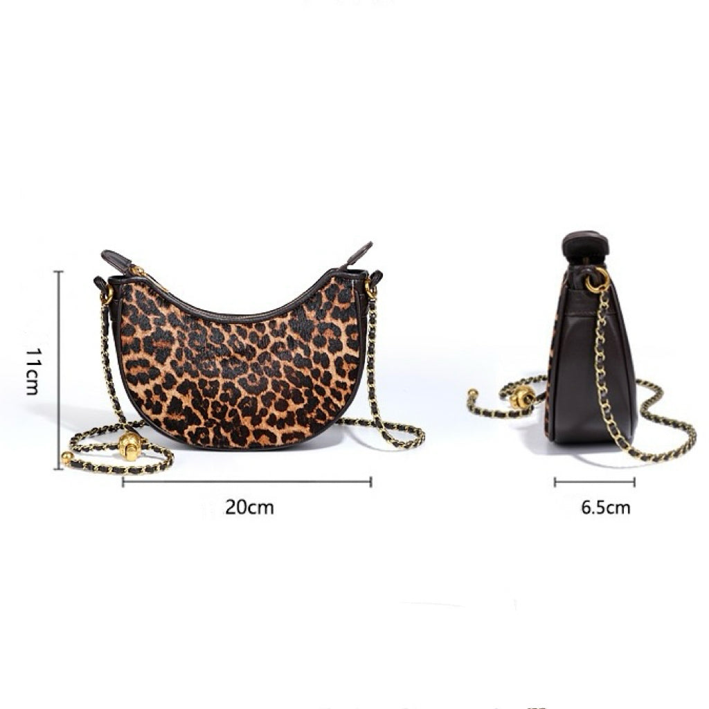Genuine Leather Leopard Print Crossbody Shoulder Bag | Half Moon Grace